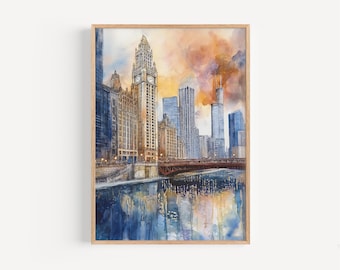 Pintura em aquarela de Chicago - Arte de parede de Chicago, pôster de viagem dos EUA, pôster americano, decoração de viagem, ideia de presente, ilustração, decoração para casa, arte dos EUA