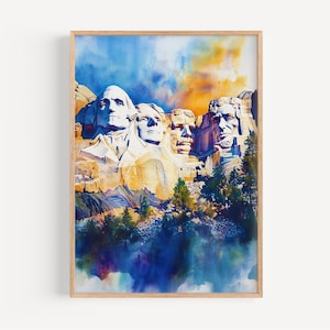 Pintura en acuarela del Monte Rushmore - Lámina decorativa para pared, póster de Estados Unidos, lámina de viaje, decoración de viaje, idea de regalo, ilustración, decoración del hogar, arte estadounidense