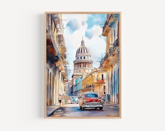 May include: A watercolor painting of a street scene in Havana, Cuba. The street is lined with colorful buildings and a red classic car drives down the street. The iconic Capitol Building is visible in the background.