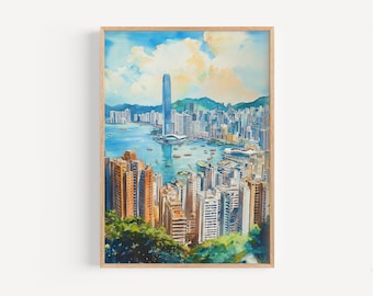 Hong Kong Watercolor Painting - Wall Art Print, Travel Poster, Hong Kong Print, Travel Decor, Gift Idea, Illustration, Home Decor, Asia Art