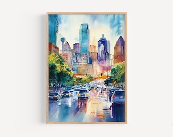 May include: A watercolor painting of a city skyline with tall buildings and a street full of cars. The sky is a bright blue with white clouds. The buildings are painted in shades of blue, purple, and green. The cars are painted in shades of gray and white.