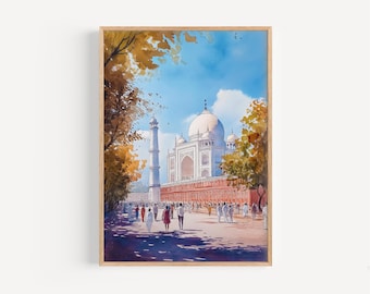 4 インドの風景画、タージ・マハルの絵画、水彩画、インドの