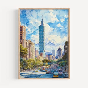 Pintura de acuarela de Taipei - Arte mural de Taiwán, Impresión de viaje de Taipei, Póster de Taiwán, Decoración de viaje, Idea de regalo, Ilustración, Decoración del hogar, Arte
