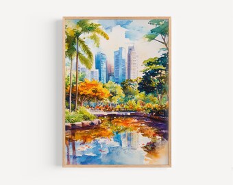 May include: Watercolor painting of a city skyline with tall buildings reflected in a pond. Lush green trees and vibrant yellow flowers surround the pond. The painting has a soft, dreamy feel.