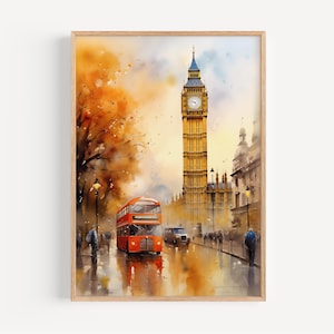 Big Ben London Watercolor Print – Red Bus Cityscape Art, UK Travel Poster, British Landmark Wall Decor, London Street Painting, Travel Wall