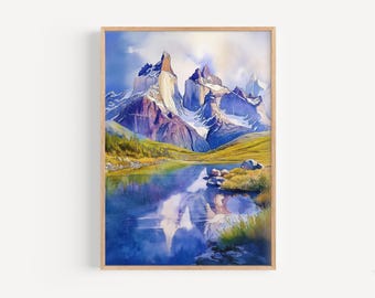 Torres del Painte Aquarell Druck - Patagonien Wandkunst, Chile Berg Natur Dekor, Abenteuer Reise Geschenk, Chile Reise Geschenk