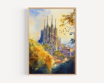 Barcelona Watercolor Painting - Wall Art Print, Barcelona Poster, Travel Print, Travel Decor, Gift Idea, Illustration, Home Decor, Spain Art