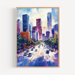 Houston Watercolor Painting - Wall Art Print, America Poster, Texas Travel Print, Travel Decor, Gift Idea, Illustration, Home Decor, USA Art
