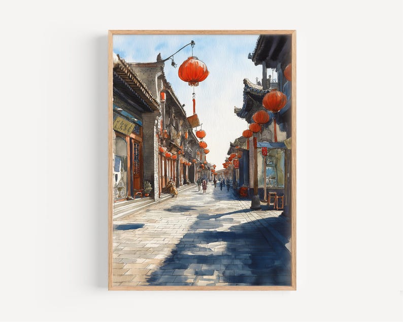 A detailed watercolor painting of Pingyao Ancient City in China, showcasing a traditional street lined with historic wooden buildings and ornate rooftops. Red lanterns hang above the stone-paved road, casting warm colors against the architecture, while locals and visitors stroll leisurely. The artwork captures the timeless charm and cultural heritage of this UNESCO World Heritage Site, blending history, tradition, and atmosphere under a bright, clear sky.