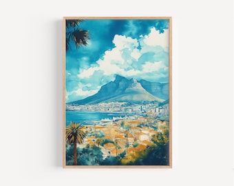 Puede incluir: Una pintura de acuarela de una ciudad con una montaña en el fondo. La ciudad está pintada en tonos de amarillo y naranja, mientras que la montaña está pintada en tonos de azul y morado. El cielo es azul brillante con nubes blancas.