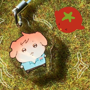 Op de afbeelding: Een heldere acryl bedel met een stripfiguur in een lichtblauw shirt en een lichtblauw koord. Er zijn ook twee rode tomatenillustraties aanwezig. De bedel staat op groen gras.