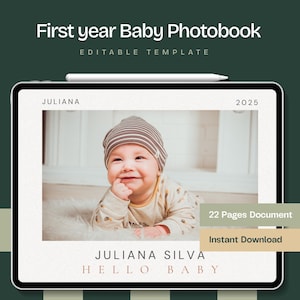 Plantilla personalizada de libro de recuerdos del primer año del bebé. Álbum de fotos personalizable para hitos y recuerdos del recién nacido. Descarga instantánea.
