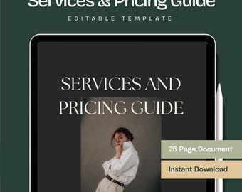 May include: A digital mockup of a services and pricing guide template. The template is displayed on a tablet screen with a woman in a white shirt and khaki pants. The text "Services and Pricing Guide" is displayed in a large font at the top of the screen. The text "26 Page Document" and "Instant Download" are displayed in smaller fonts below the image.