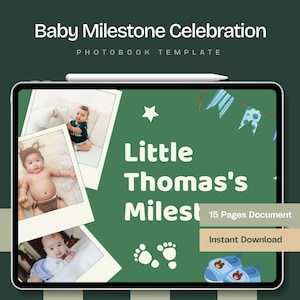 Baby Meilenstein Fotobuch Vorlage - Bearbeitbares Canva Baby Memory Book | Monatliches Meilenstein-Journal für Neugeborene & Andenken im ersten Jahr