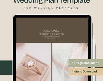 May include: A digital tablet displaying a wedding planner template with a brown background. The template features a wedding ring in a box and a bride's veil. The text "Olivia Wilson Wedding Planner" and "17 Page Document Instant Download" is visible on the screen.