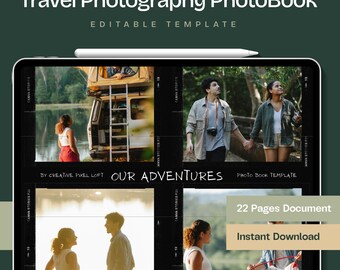 Travel Photo Book Template, Modern Minimalist Canva Album and Adventure Journal