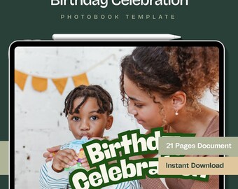 Kids Birthday Memory Book Template, Editable Canva Photo Album for Childrens Parties