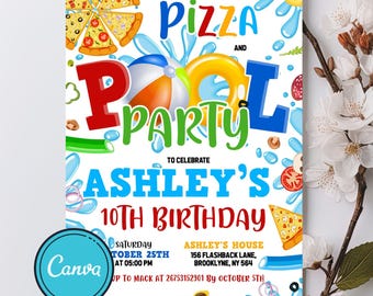 Editable Pizza Pool Party Invitation, Pizza Pool Party Birthday, Pizza and Pool Party Invite, Boy Pool Party, Pizza Swimming Party
