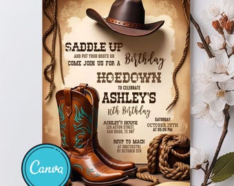 Western Hoedown Birthday Party Invitation, Printable Cowboy Birthday Invite, Saddle Up And Put Your Boots On, Editable Cowboy Invitation