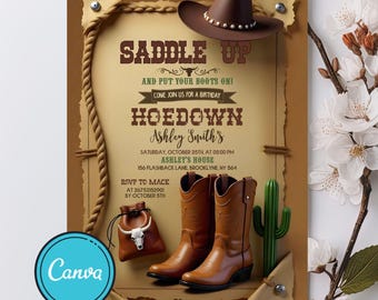Western Hoedown Birthday Invitation, Cowboy Birthday Invite, Saddle Up And Put Your Boots On, Cowboy Digital Invite, Editable Canva Template