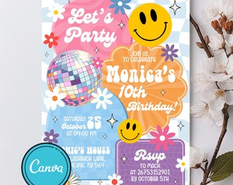 Preppy Patch Letter Invitation, Girl Birthday Invitation, Retro Varsity Patch Birthday Invitation, Let’s Party Smiley Face, Editable Canva