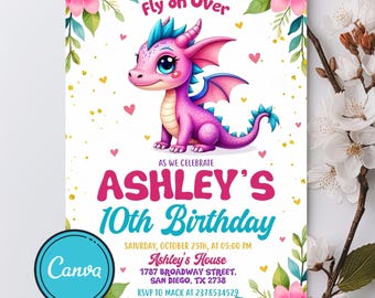 Dragon Invitation, Dragon Birthday Invitation, Girl Dragon Birthday Party Invitation, Dragon Party Invitation, Purple Dragon, Editable Canva