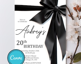 Black Bow Birthday Invitation: Minimalist Coquette Canva Template