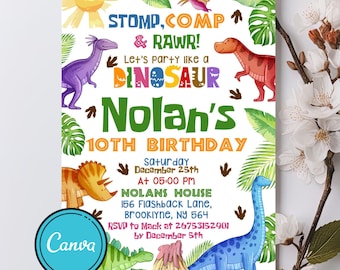 Editable Dinosaur Invitation, Dinosaur Birthday Party Invitation, T-Rex Party Invite, Dinosaur Birthday Invite, Editable Canva Template