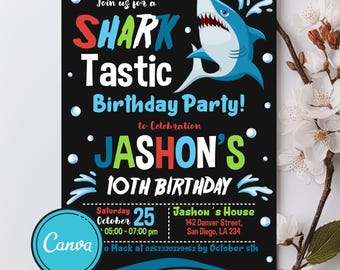 Invitación de tiburón, invitación de cumpleaños de tiburón, invitación para fiesta de tiburón, invitación para niño, temática de cumpleaños de tiburón, plantilla editable de Canva