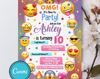 Emoji Invitation, Emoji party invitation, Emoji Party, emoji birthday invitation, Girl Birthday invitation, Emoji invite Download with CANVA