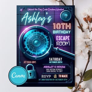 Invitación de cumpleaños con temática de escape room, invitación de cumpleaños misteriosa, invitación para escape room, invitación para fiesta de escape room para adolescentes, plantilla editable de Canva.