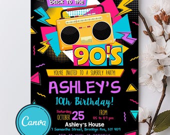 90's Birthday Invitation, 90's Birthday Party, 90's Birthday Invite, 90's Party Invite, Back to 90's, Retro Invitation,Editable Canva Invite