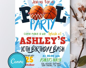 Basketball Pool Birthday Invite, Basketball Birthday Invitation, Sport Birthday Invitation, Sports Pool Invite, Pool Party, Editable Canva