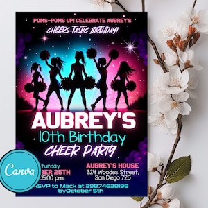 Invitación de cumpleaños de animadora, plantilla de invitación para fiesta de animadoras, invitación de cumpleaños para chica preadolescente del equipo de animadoras, plantilla editable de Canva