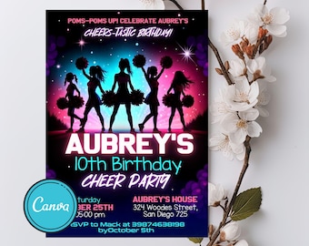 Cheerleader Birthday Invitation, Cheer Party Invitation Template, Tween Girl Cheer Squad Birthday Invite, Editable Canva Template