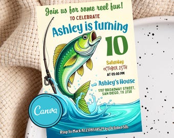 Puede incluir: Invitación de cumpleaños con un pez verde saltando fuera del agua. El texto de la invitación dice "Ashley cumple 10 años" con detalles del evento. El diseño incluye una caña de pescar y el texto "Join us for some reel fun!"