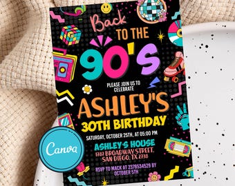 Editable 90s Birthday Party Invitation back to the 90s Neon party glow dance disco 2000s birthday 90s instant download, 90s Design Invite