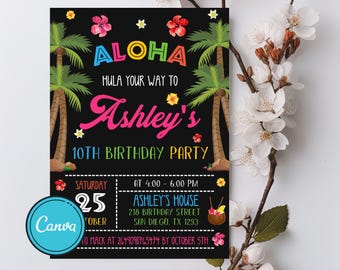 May include: A colorful invitation for a 10th birthday party with a tropical theme. The invitation features palm trees, flowers, and the text "ALOHA HULA YOUR WAY TO Ashley's 10TH BIRTHDAY PARTY". The party details are listed below: SATURDAY 25 OCTOBER AT 4:00-6:00 PM ASHLEY'S HOUSE 218 BIRTHDAY STREET SAN DIEGO. TX 1293 10 MACK AT 2649098765474 BY OCTOBER 5TH
