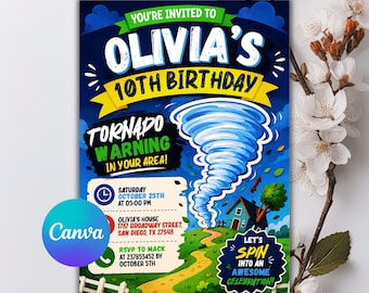 Tornado Birthday Party Invitation, Birthday Invitations, Tornado Party, Tornado Birthday, Tornado Invitations, Editable Canva Template