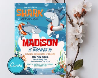 Invitación de cumpleaños editable de tiburón: Tema de niño (Descarga digital)