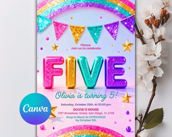 5th Birthday Invitation Girl, Rainbow Sequin Glitter Invite, Girls Pink Birthday Invite, Editable Canva Template