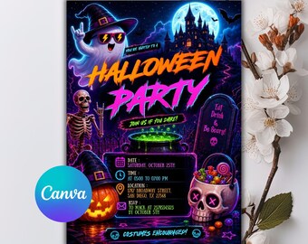 Neon Halloween Birthday Invitation, Ghost Pumpkin Invite, Spooky Party Invite, Halloween Birthday, Editable Canva Template
