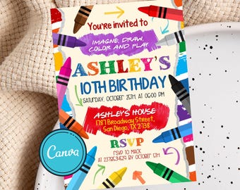Invitación de cumpleaños con crayones, Fiesta de cumpleaños con crayones, Fiesta para colorear para niños, Invitación con crayones, Descarga instantánea, Canva editable