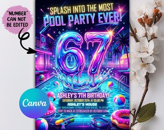 Six Seven Pool Party Invitation, I was 6 now I'm 7 Party Invite, Blue Pink Neon Glow Swim Invite for Girl, 6 7 Meme Invite, Editable Canva