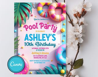 Pool Birthday Party Invitation: Editable Summer Swim Invite (Digital Download, 5x7 in CANVA Template)