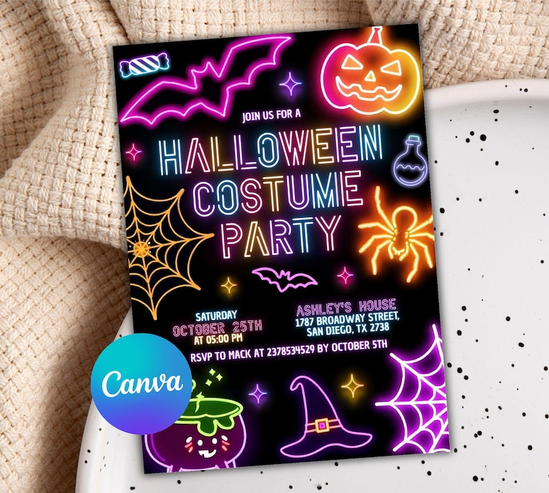 Neon Halloween Party Invite, Spooktacular Costume Party Neon Invitation, Halloween DIY Kids Cute Invite, Halloween Invitation, Digital