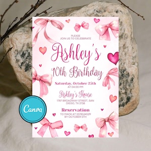 Coquette Birthday Invitation: Pink Bow Girl Party, Editable Canva Template (Digital Download 5x7&quot; PDF/JPEG)