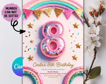 8th Birthday Invitation, Girl 8th Invitation, Girl Birthday, Neon Glow Invitation, Balloon Butterfly Invitation, Editable Canva Template