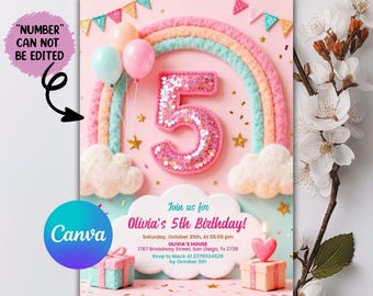 5th Birthday Invitation Girl, Editable Rainbow Sequin Glitter Invite Printable Template for Girls Party, Girls Pink Birthday Invite