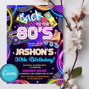 Convite editável para festa dos anos 80, convite de aniversário dos anos 80, convite dos anos 80, de volta aos anos 80, brilho neon para festa, download instantâneo